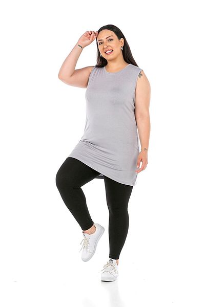DISENTIS MODEST Large Size Round Neck Thick Strap Viscose Long Light Gray Body
