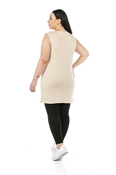DISENTIS MODEST Large Size Round Neck Thick Strap Viscose Long Beige Body