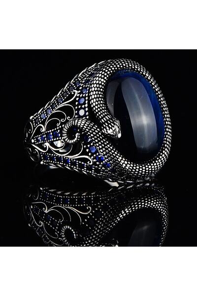 MS Mercan Silver Gümüş Yılan Motifli Mavi Kaplan Gözü Taşlı Erkek Yüzük