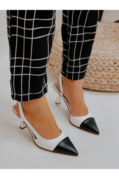 ERVANIN BUTİĞİ Beyaz Siyah Deri (Jake) Maskelet Detay Kadın Açık Stiletto