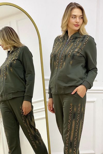 RICH GLAM Памучен анцуг с големи размери каки с леопардови камъни - две нишки