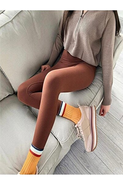 EMG TEKSTİL Colanți cu nervuri maro cu talie înaltă de damă