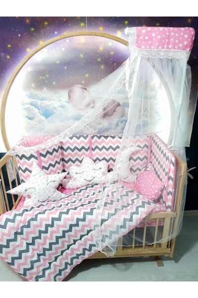 bebek_iklimi طقم نوم أطفال مقاس 70 × 130 مع ناموسية نمط متعرج 11 قطعة (سرير ا...