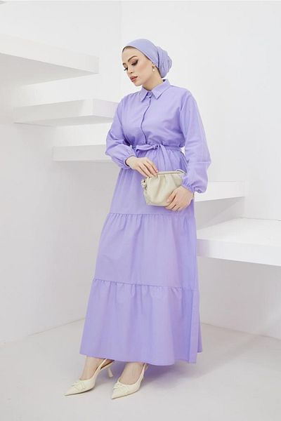 benguen 427 Hijab-Kleid mit Hemdkragen und Knöpfen, Flieder