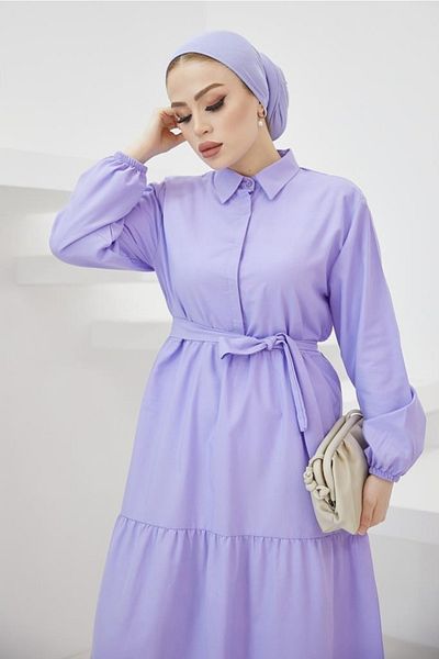 benguen 427 Hijab-Kleid mit Hemdkragen und Knöpfen, Flieder
