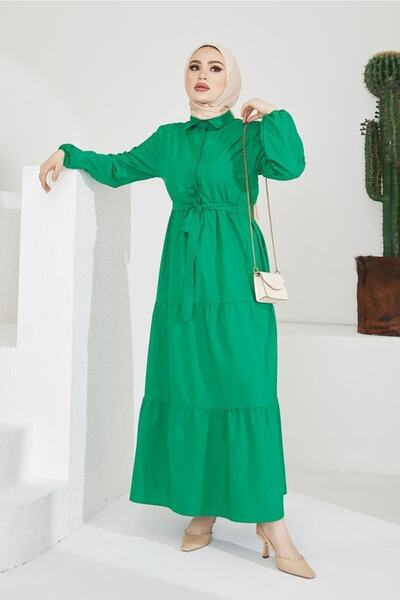 benguen Πράσινο φόρεμα Hijab με γιακά 427 πουκάμισου