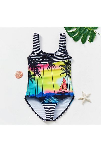EYLÜL ELİF BUTİK Girl's Striped Palm Tree Printed Swimsuit