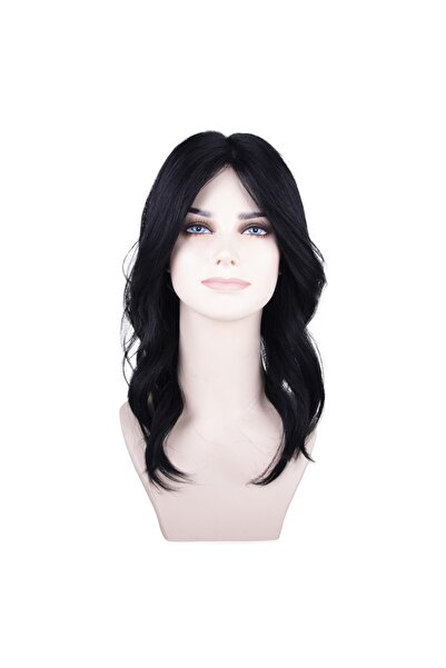 Platin Peruk Düz Siyah Orta Dalgalı Orta Boy Tül Peruk 1-9