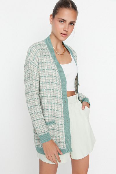 Trendyol Collection Mintfarbene, weite Strickjacke in Tweed-Optik mit Glitzer TWOAW21HI0250