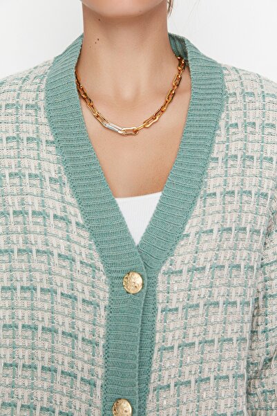 Trendyol Collection Mint Wide Fit Tweed Look Třpytivý pletený Cardigan TWOAW21HI0250