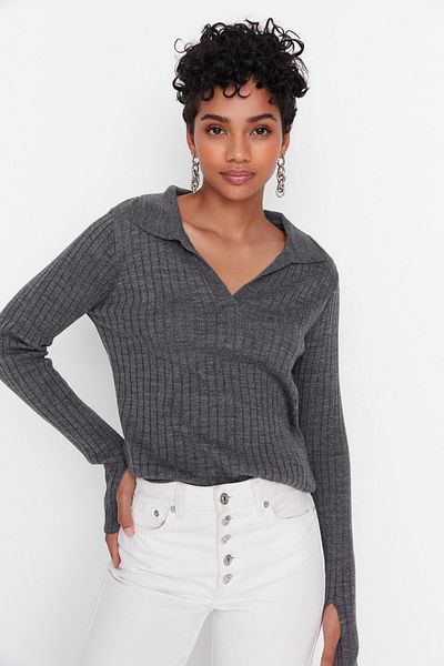 Trendyol Collection Polo Neck Anthracite Knitwear Sweater - Sleeve Detail, TWOAW21KZ1113