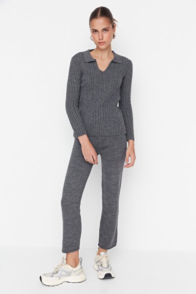 Trendyol Collection Anthracite Hair Braid Detailed Knitwear Top and Bottom Set TWOAW23AU00024
