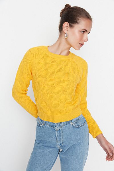Trendyol Collection Yellow Crop Knit Detailed Crew Neck Knitwear Sweater TWOAW23KZ00819