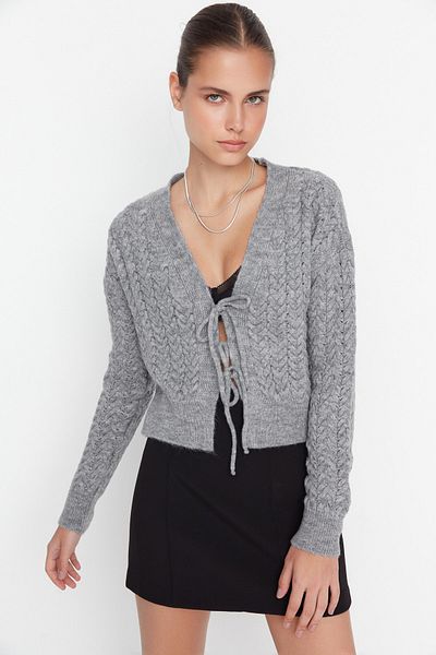 Trendyol Collection Gray Knitted Detailed Crop Knitwear Cardigan TWOAW23HI00259