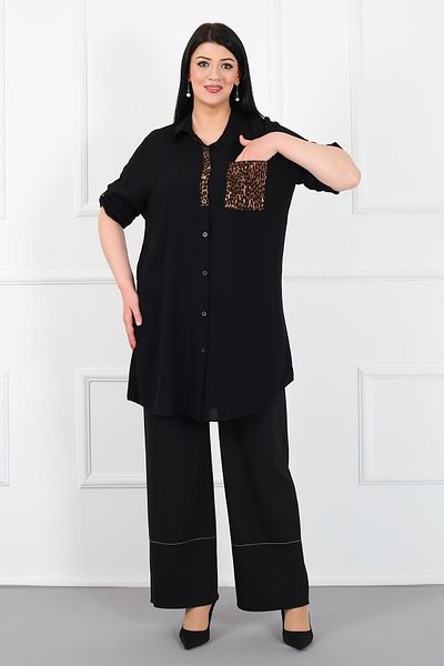 By Alba Collection Women's Black Leopard Pocket Cotton Viscose Large Size Tunic