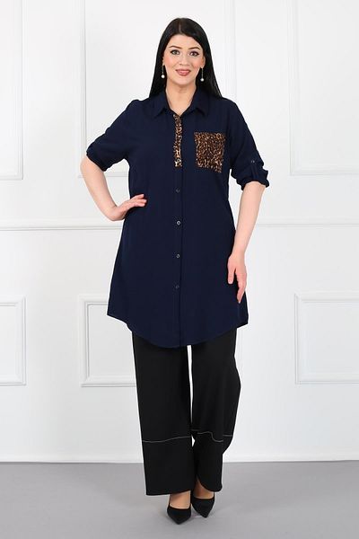 By Alba Collection Women's Navy Blue Leopard Pocket Cotton Viscose Large Size Tunic