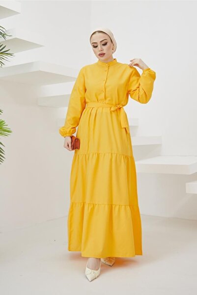 benguen 428 Magnificent Collar Buttoned Hijab Dress Yellow
