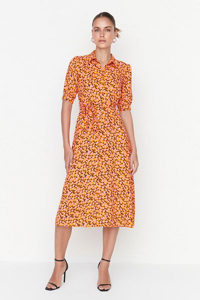 Trendyol Collection Orange Floral Pattern Belted Midi Woven Viscose Shirt Dress TWOSS20EL1559