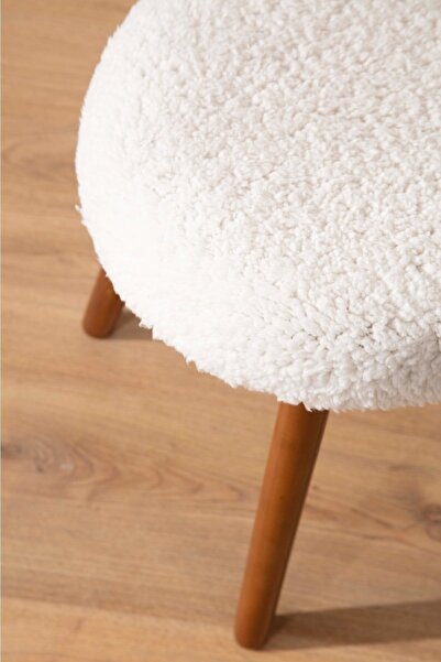 PUFANNA Gürgen Ahşap Ayaklı Kırık Beyaz Teddy Kumaş Handmade Dekoratif Puf Tabure