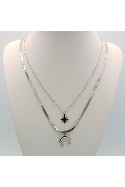 AKSESUARIM سلسلة نسائية إيطالية بتفاصيل هلال وقلادة متعددة من الفولاذ