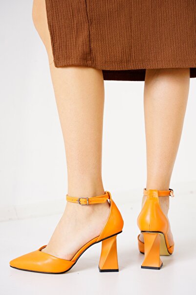 MASSOLE Летни обувки на висок ток в оранжево от кожа, нов сезон, ежедневен ст...