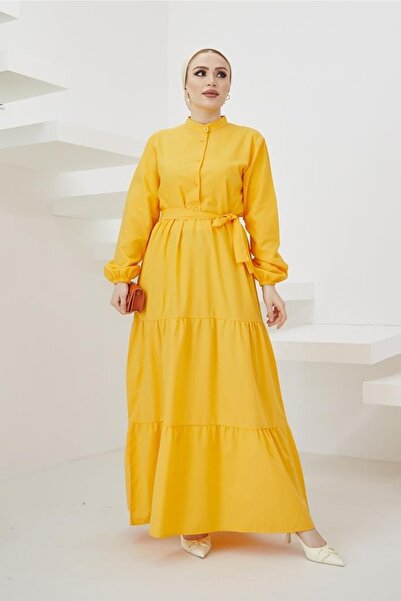 benguen 428 Magnificent Collar Buttoned Hijab Dress Yellow