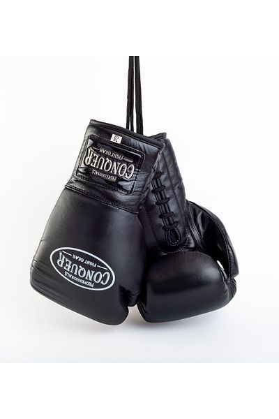 Conquer Black Laced Edition Pro Fight Premium Leather Boxing Gloves