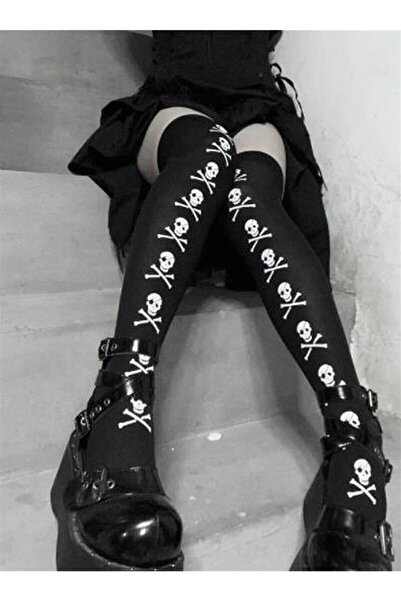 İYİ MODA Plain Black Danger Skull Skull Knee High Socks