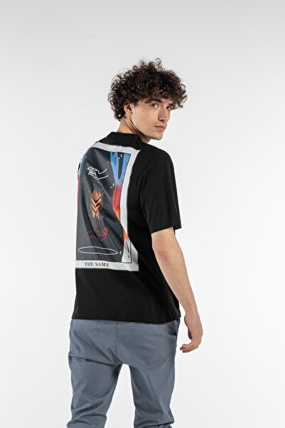 Siyah Erkek Hand Baskılı Oversize Kısa Kollu Bisiklet Yaka T-shirt