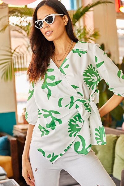 Olalook Γυναικεία λευκή πράσινη πλαϊνή μπλούζα με διπλό στήθος βαμβακερή μπλούζα BLZ-19001930