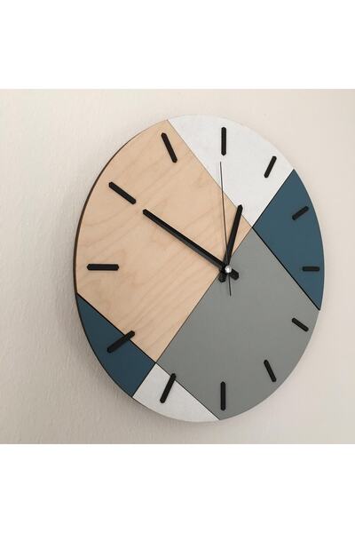 Amorf Design Ahşap Geometrik Desenli Mavi Duvar Saati 48x48 Cm