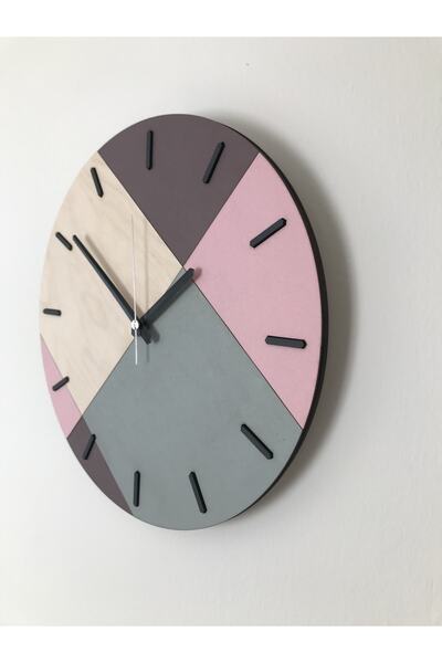 Amorf Design Ahşap Geometrik Desenli Pembe/mürdüm Duvar Saati