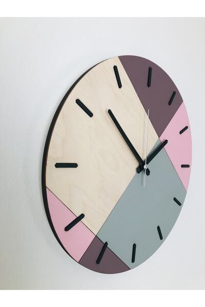 Amorf Design Ahşap Geometrik Desenli Pembe/mürdüm Duvar Saati