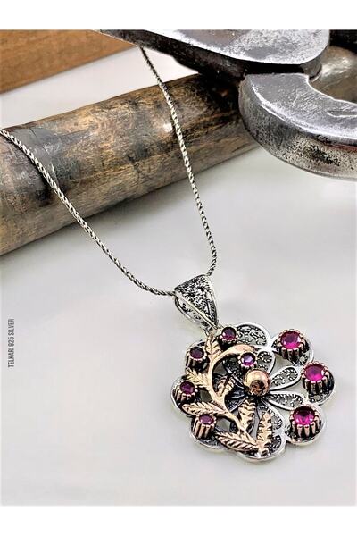 Doğan Silver Telkari Işlemeli Kök Yakut Taşlı Tasarım Gümüş Kolye 21398