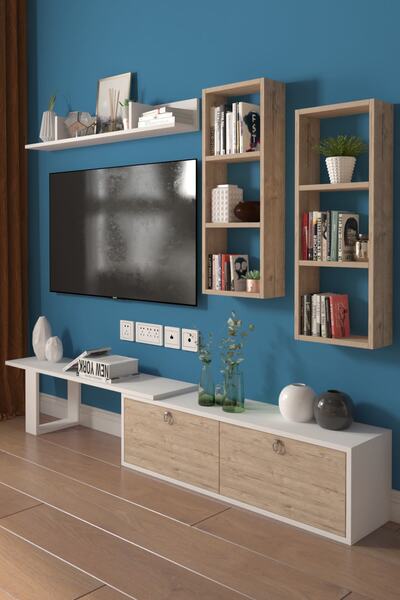 dekoronya Zera Modern Raf Kitaplıklı Ve Dolap Kapaklı Tv Ünitesi
