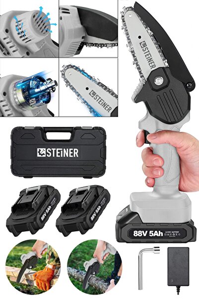 STEİNER Alman Pro 88 V 5 Ah ( Çift Akülü ) Dal Budama Kesme Testere Bıçkı Mak...