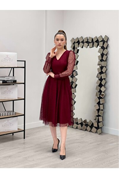 giyimmasalı Midi šaty z krajkové látky s výstřihem do V – klaretová červená