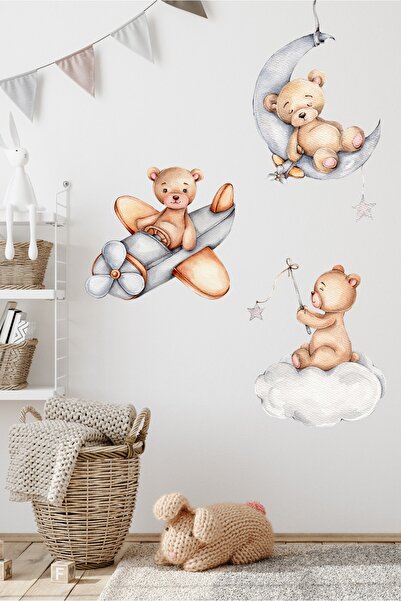 Sticker Sepetim Pilot de pluș texturat în culoarea apei și ursuleț adormit pentru cameră pentru copii, autocolant decorativ de perete, ornament de perete