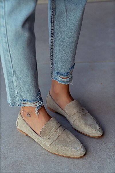 shopcolic 1003 Hakiki Deri Süet Günlük Kadın Loafer Babet