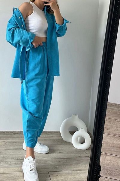 Suzi butik Women's Turquoise Linen Textured Front Stitched Shalwar Trousers
