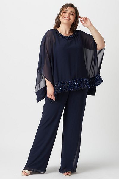 Moda Alba Set bluză cu pelerina și pantaloni cu talie elastică, albastru bleumarin