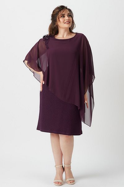 Moda Alba Plum Short Caped Flower Embroidered Large Size Glitter Stretch Fabric Dress