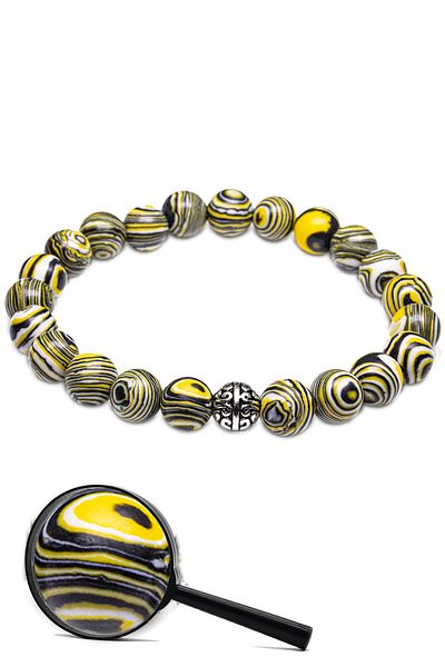 Tesbih Atölyesi Natural Yellow Malachite Stone Bracelet with Certified Silver Device