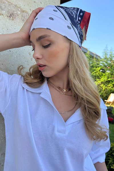 Trend Alaçatı Stili Weißes gemustertes Haar-Accessoire für Damen, Bandana ALC-A2524
