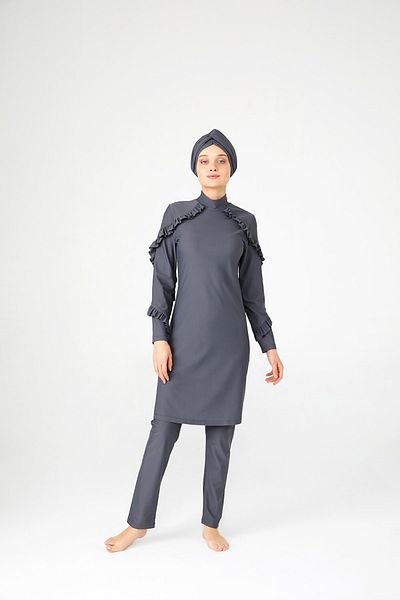 Adasea Σχέδιο βολάν Lycra Full Covered Hijab Μαγιό Ruffle 4104 Γκρι