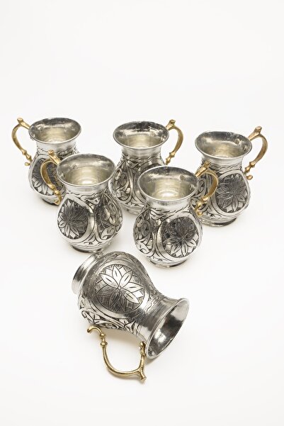 DMT COPPER HOME Dmt Gaziantep Bakır El Işlemesi 6 Parça Su&ayran Bardak Takımı Bardak Meşrubat Takımı 1mm