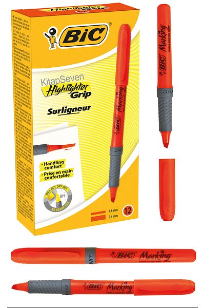 Bic Marking Pen Red Highlighter Grip 12 Pieces