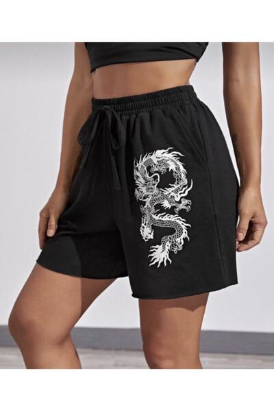 LADY FACE Büyük Beden Ejderha Baskılı %100 Pamuk Özel Tasarım Kadın Bermuda Şort