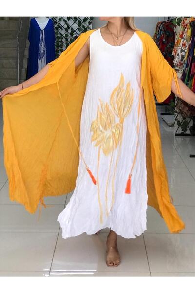 Sosyete Kaplumbağa Otantik Vual Pamuk Hardal Maxi Kimono Kaftan Ceketli Takım...