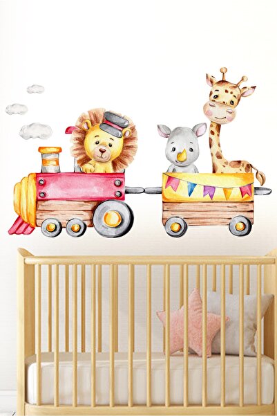 Sticker Sepetim Sulu Boya Tren Ve Sevimli Hayvanlar Aslan Zürafa Gergadan Çocuk Odası Duvar Sticker Duvar Süsü